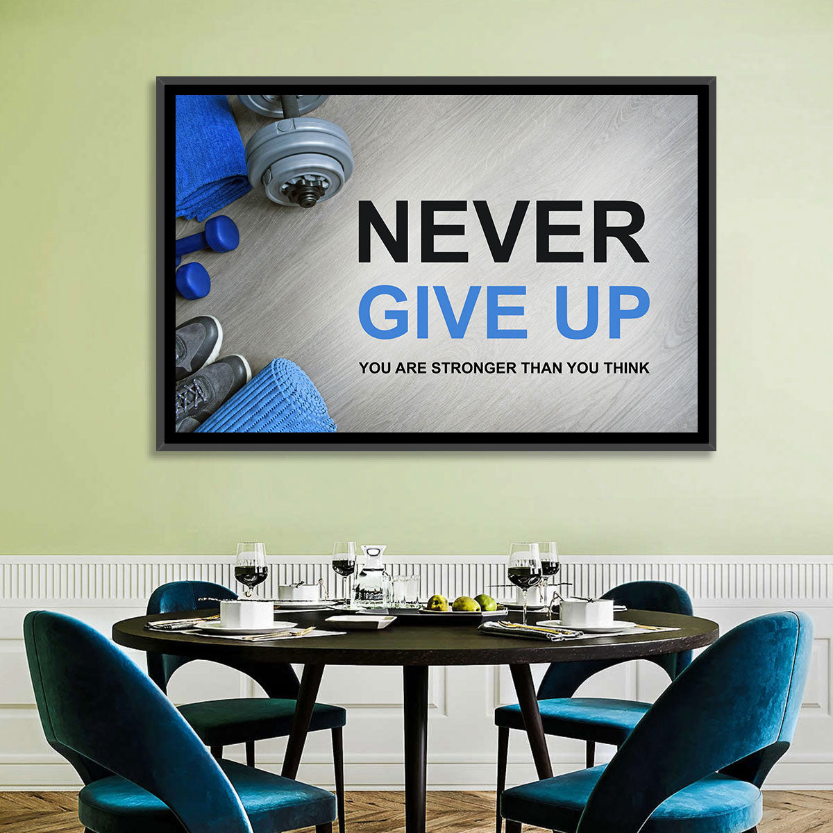 Never Give Up Fitness Typography Wall Art in a room, landscape