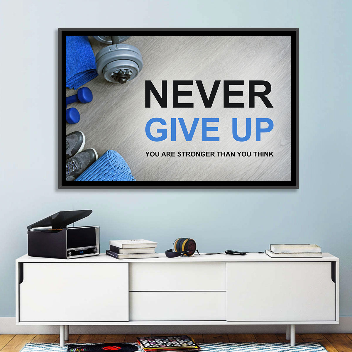 Never Give Up Fitness Typography Wall Art in a room, landscape