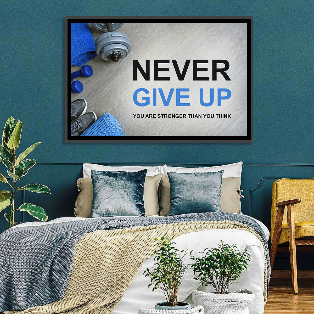 Never Give Up Fitness Typography Wall Art in a room, landscape
