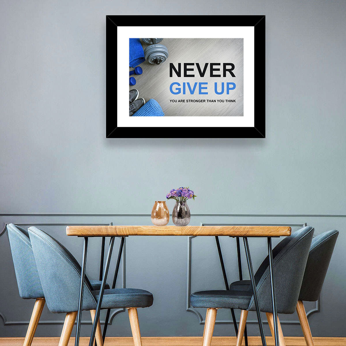 Never Give Up Fitness Typography Wall Art in a room, landscape