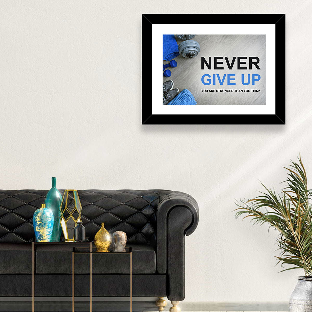 Never Give Up Fitness Typography Wall Art in a room, landscape