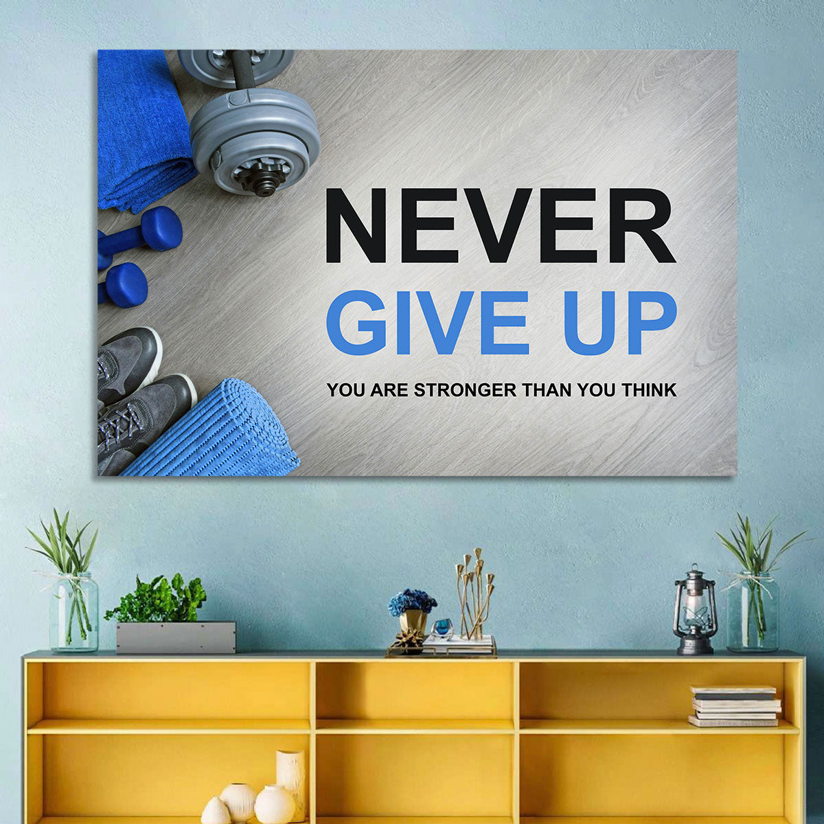 Never Give Up Fitness Typography Wall Art in a room, landscape