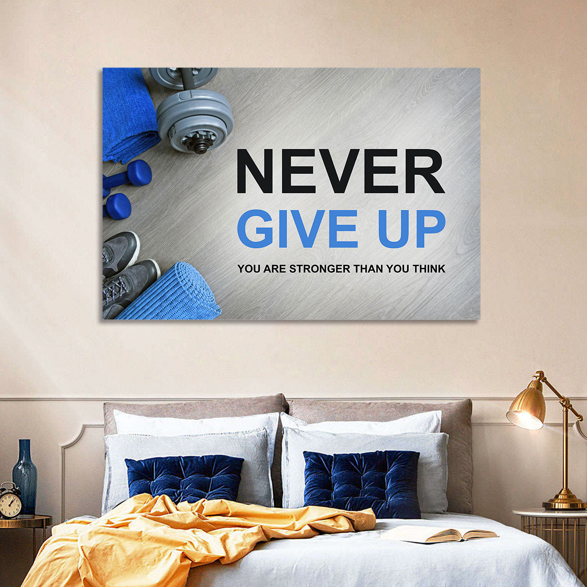 Never Give Up Fitness Typography Wall Art in a room, landscape
