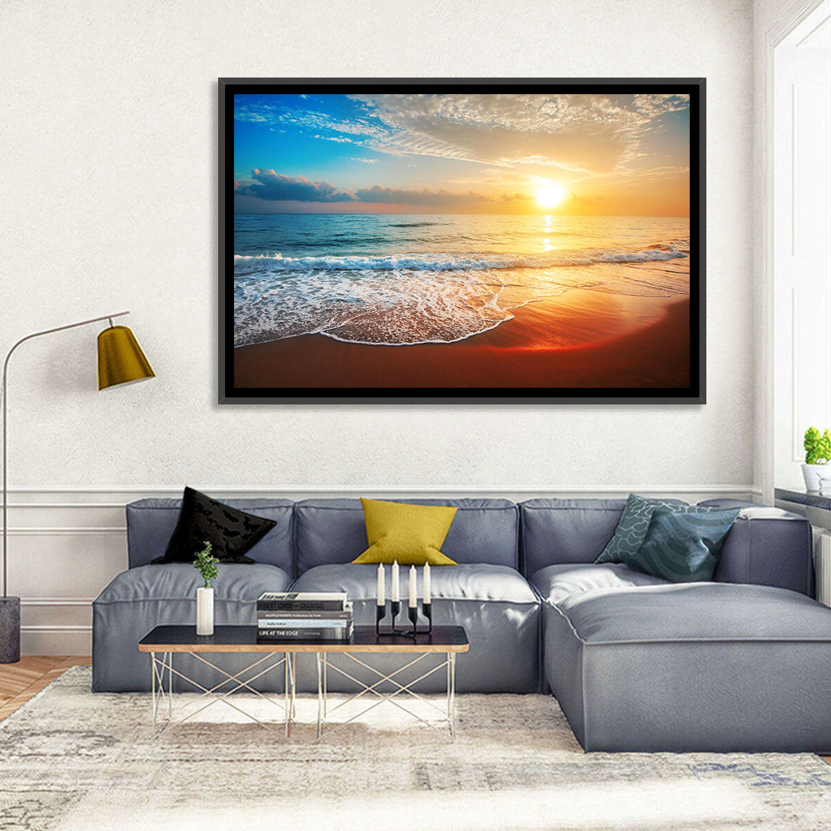 Golden Sea Sunset Wall Art in a room, landscape