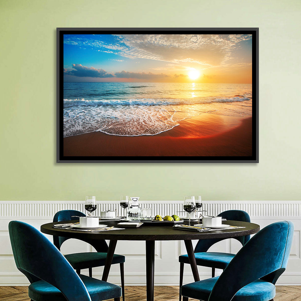 Golden Sea Sunset Wall Art in a room, landscape