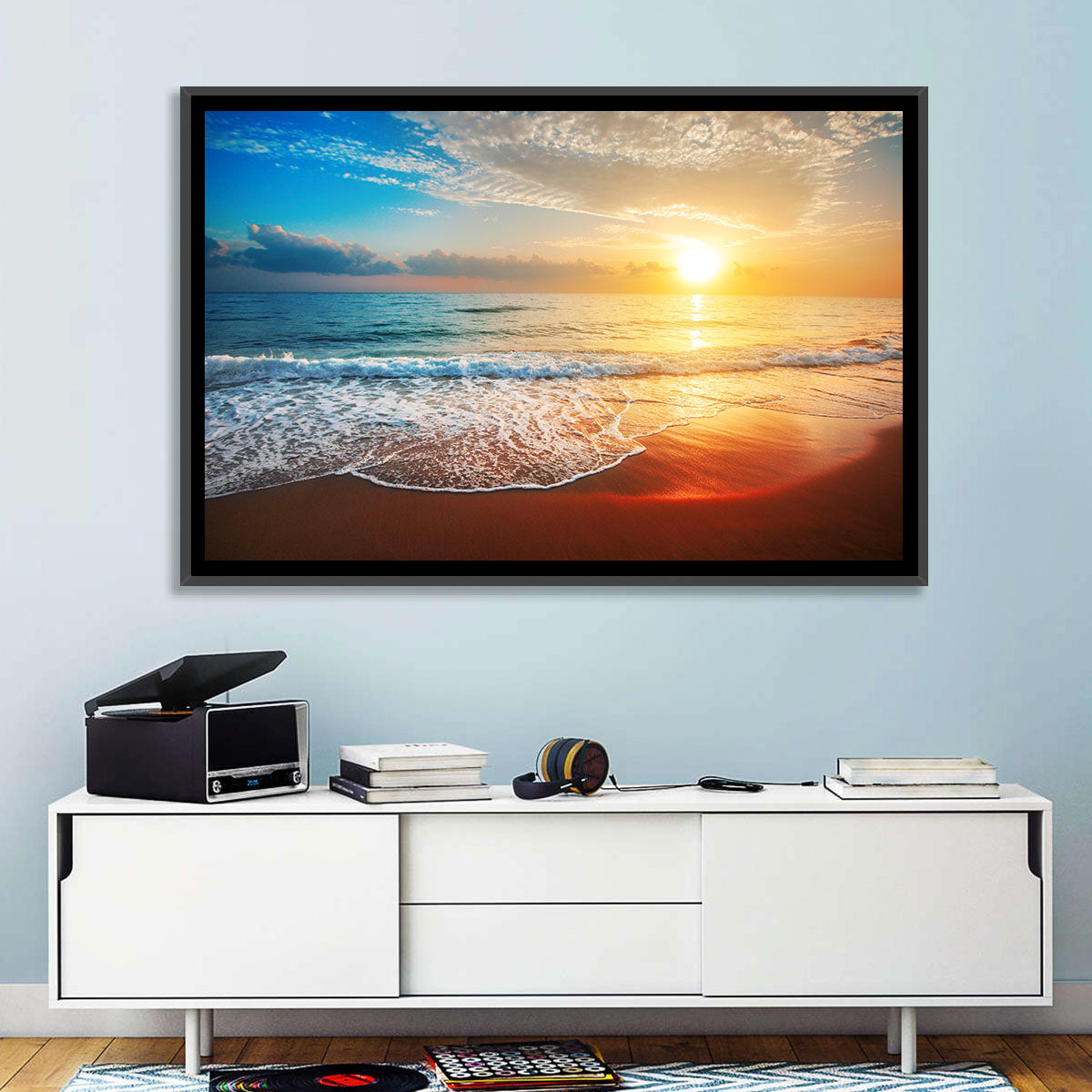 Golden Sea Sunset Wall Art in a room, landscape