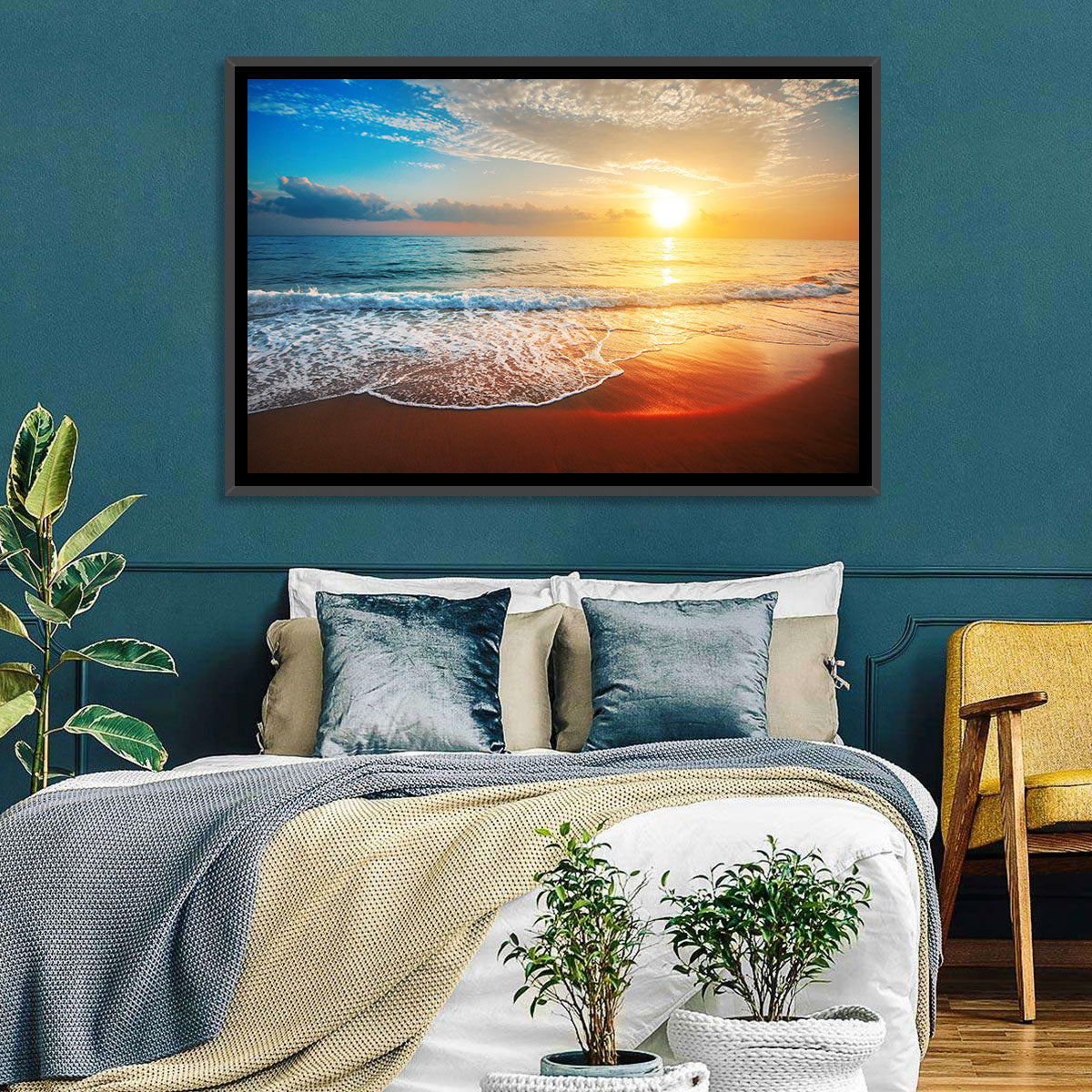 Golden Sea Sunset Wall Art in a room, landscape