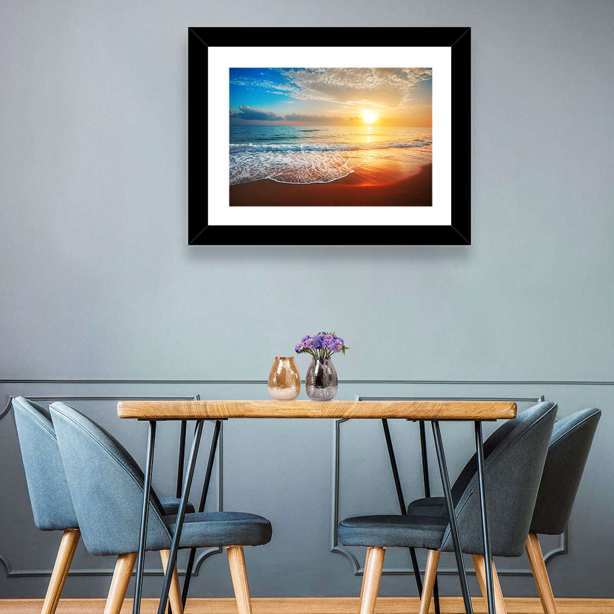 Golden Sea Sunset Wall Art in a room, landscape