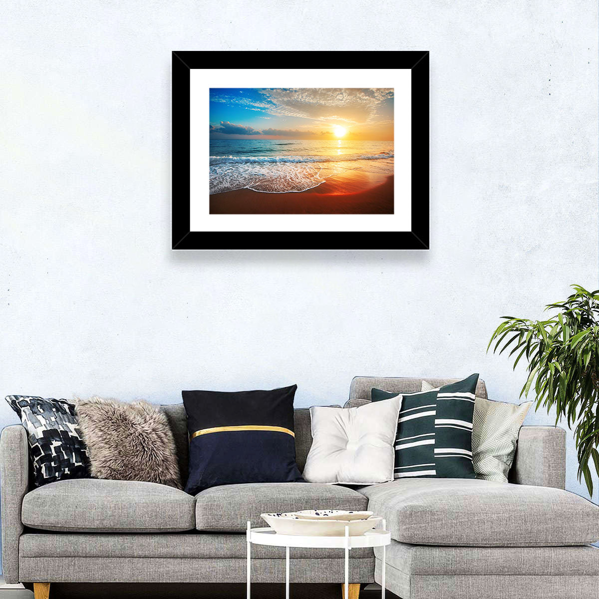 Golden Sea Sunset Wall Art in a room, landscape