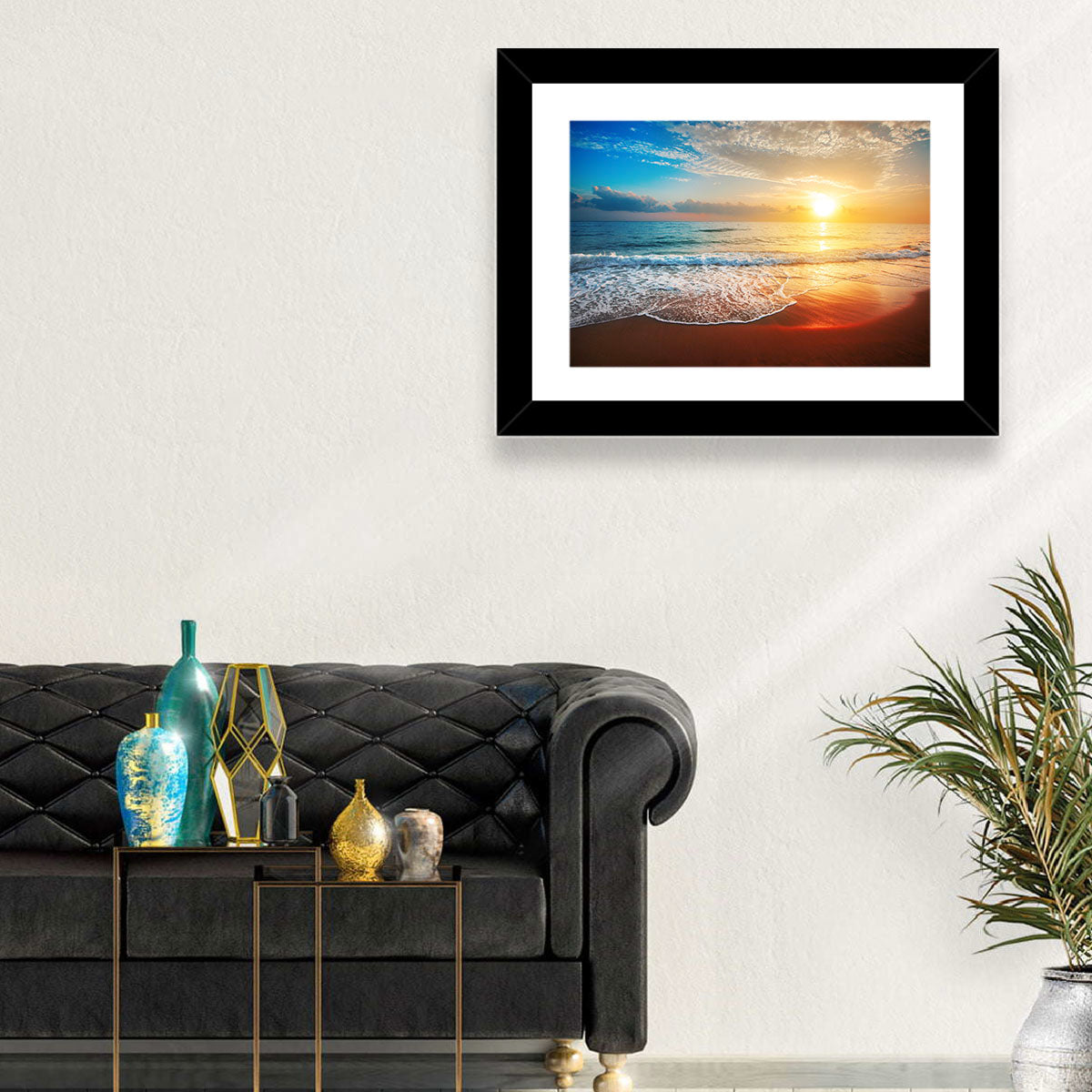Golden Sea Sunset Wall Art in a room, landscape