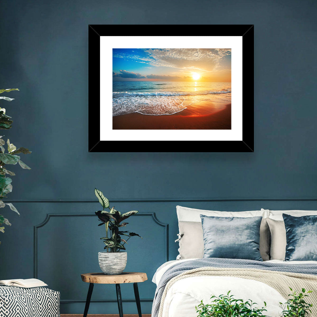 Golden Sea Sunset Wall Art in a room, landscape