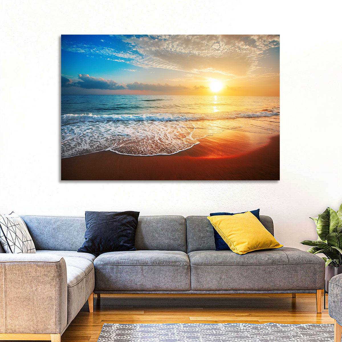 Golden Sea Sunset Wall Art in a room, landscape