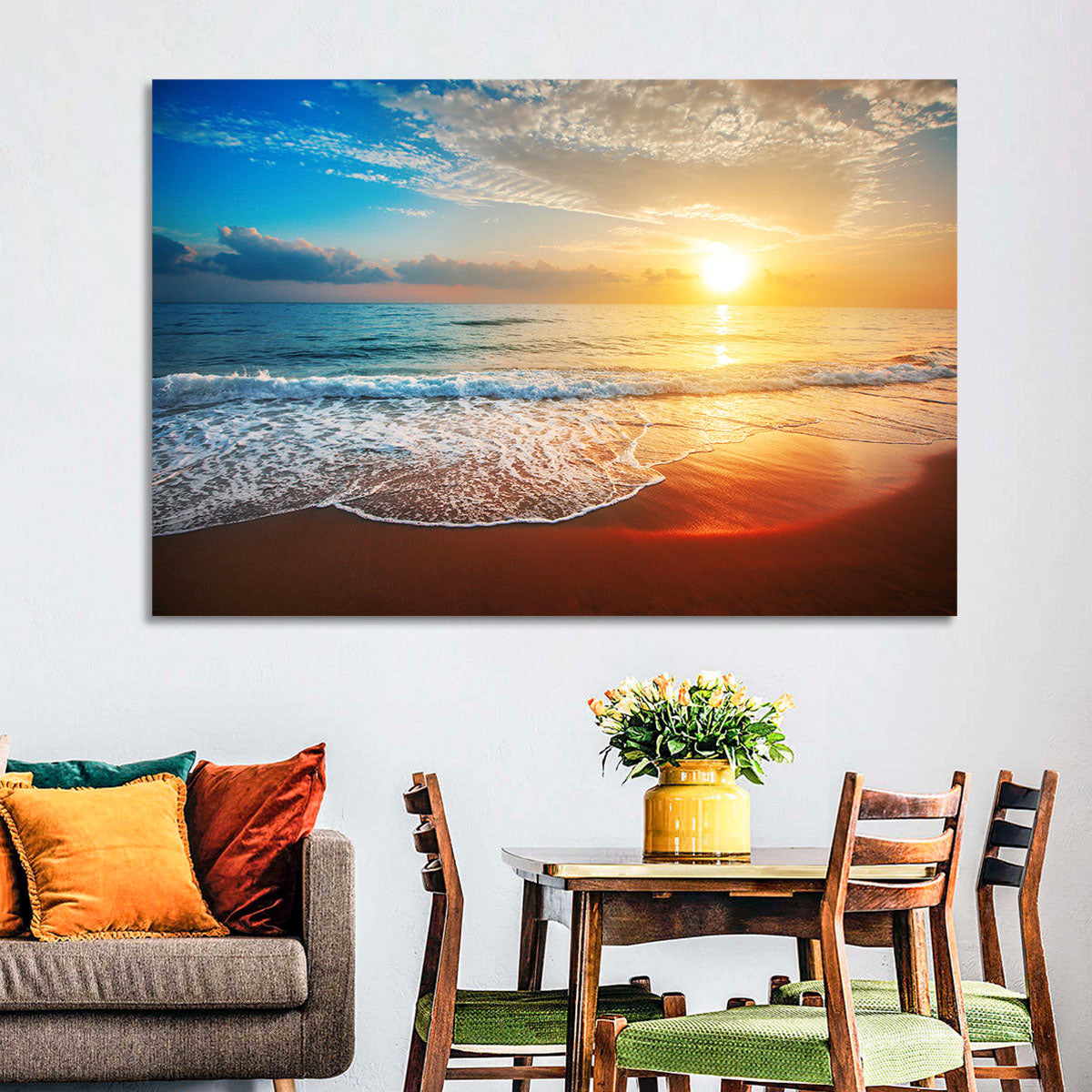 Golden Sea Sunset Wall Art in a room, landscape