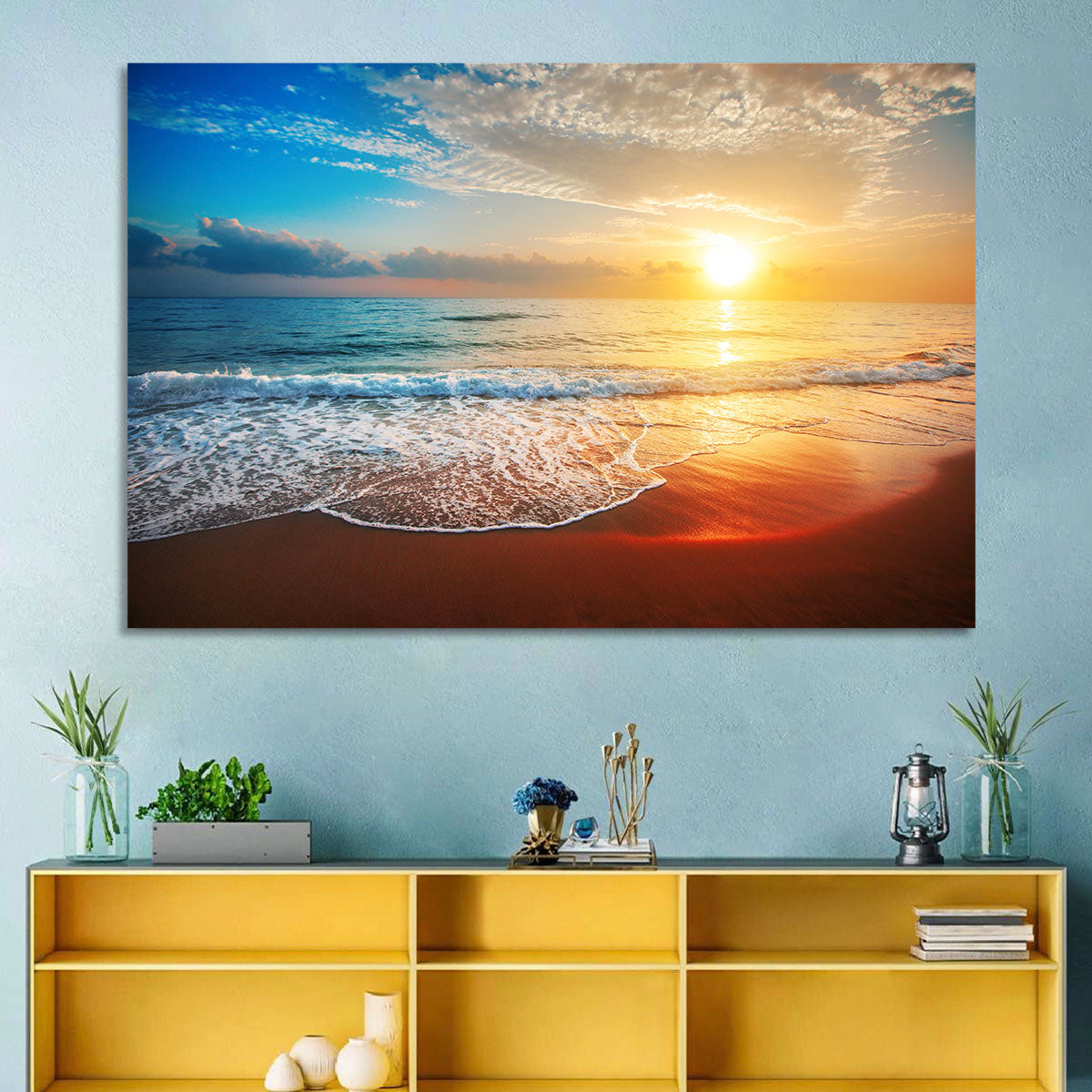 Golden Sea Sunset Wall Art in a room, landscape