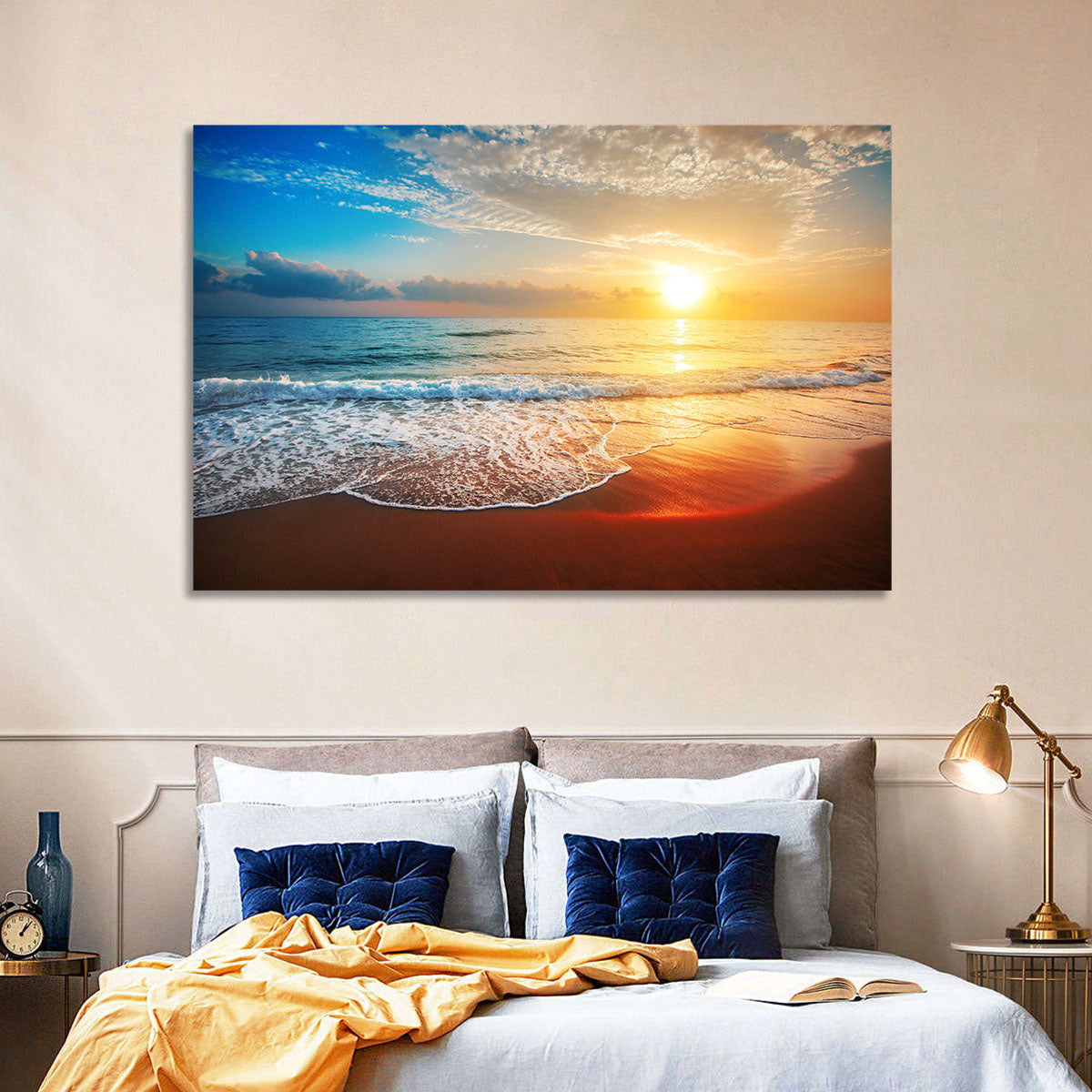 Golden Sea Sunset Wall Art in a room, landscape