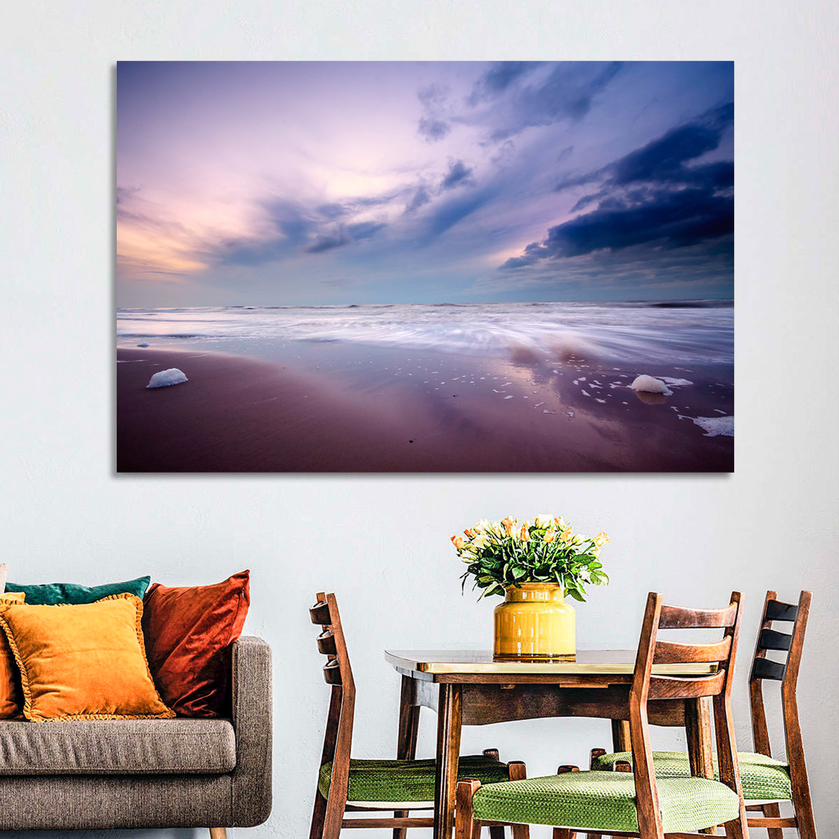 Purple Night Beach Wall Art in a room, landscape
