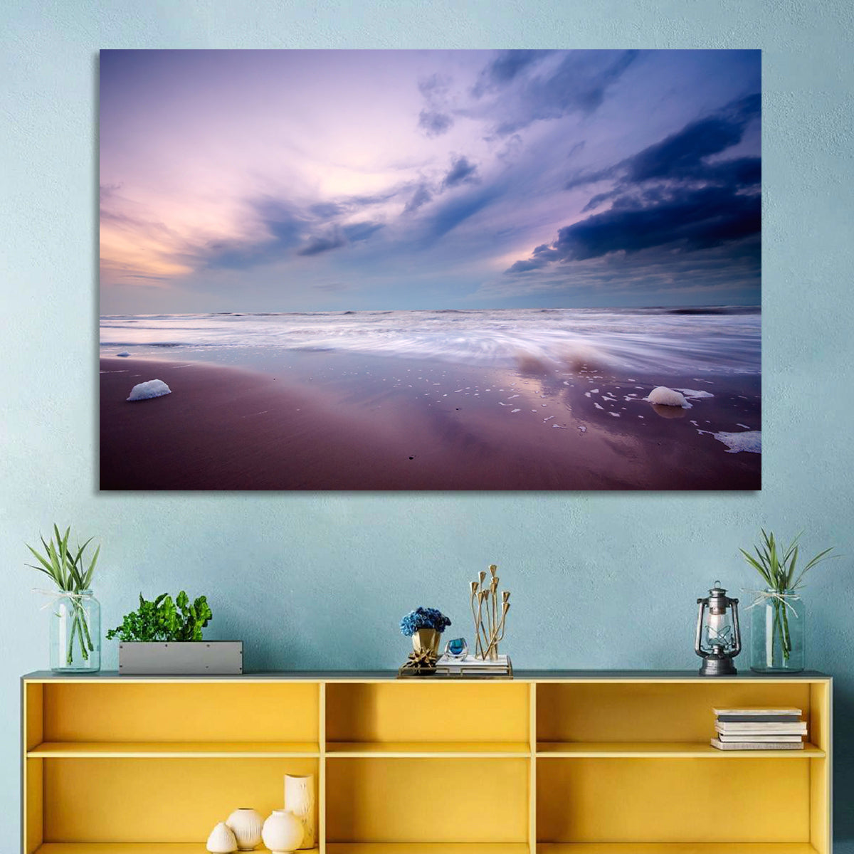 Purple Night Beach Wall Art in a room, landscape