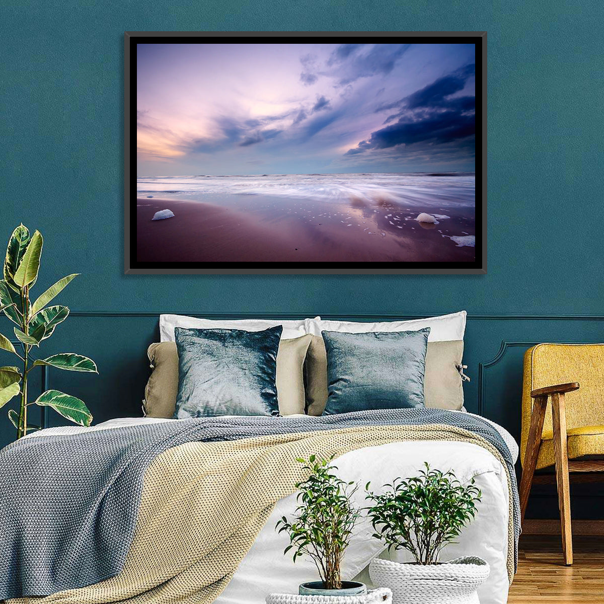 Purple Night Beach Wall Art in a room, landscape