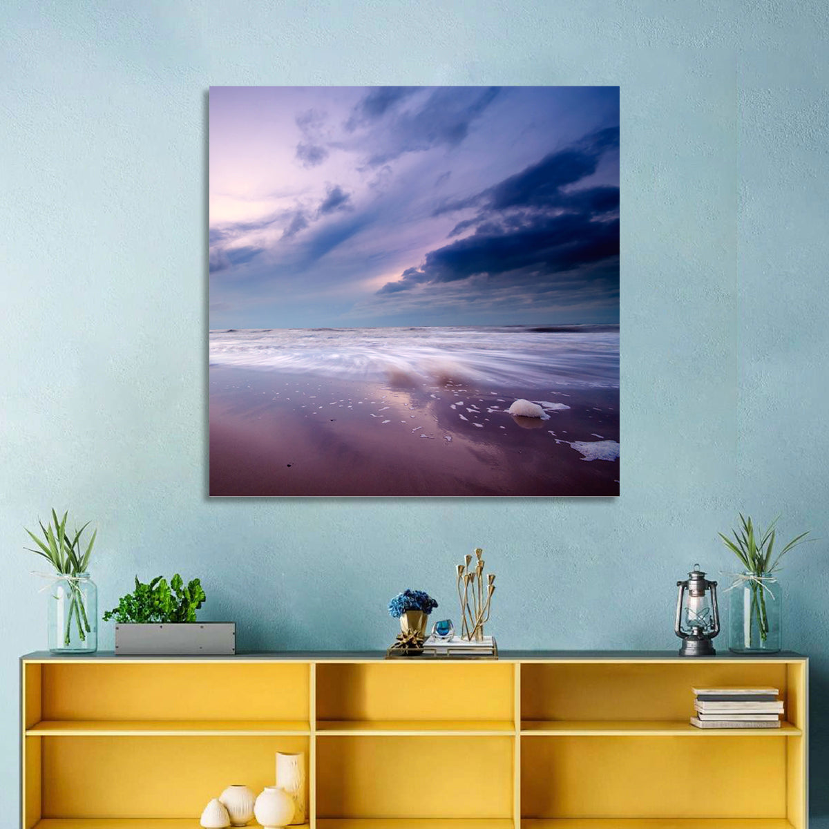 Purple Night Beach Wall Art in a room, landscape