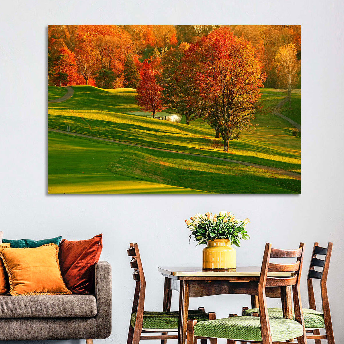 Golden Hour Golf Course Wall Art in a room, landscape