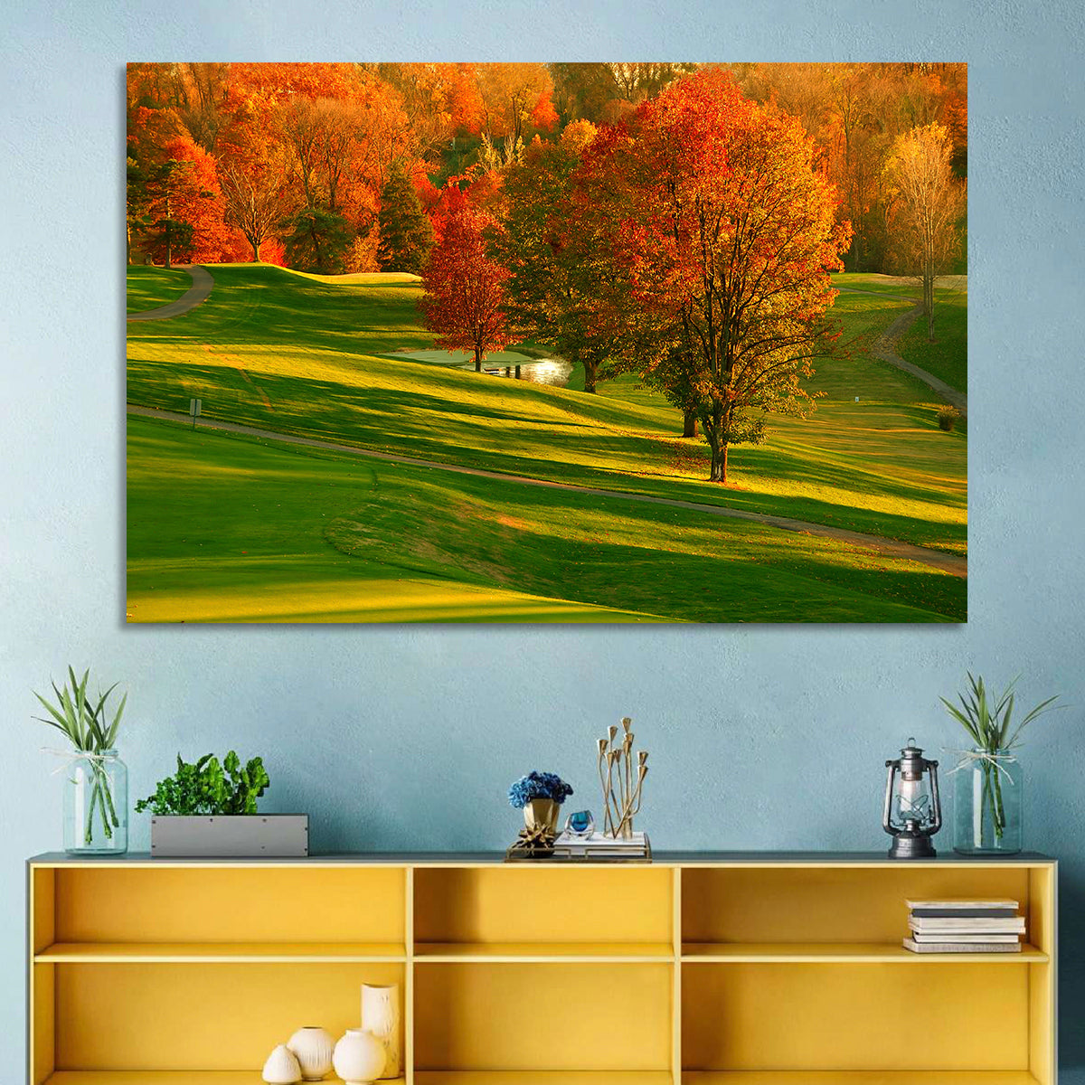 Golden Hour Golf Course Wall Art in a room, landscape
