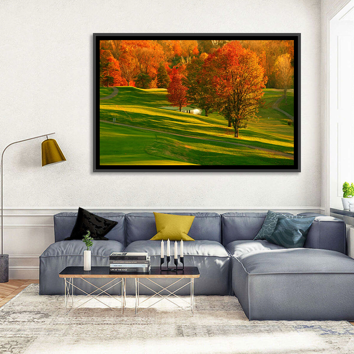 Golden Hour Golf Course Wall Art in a room, landscape