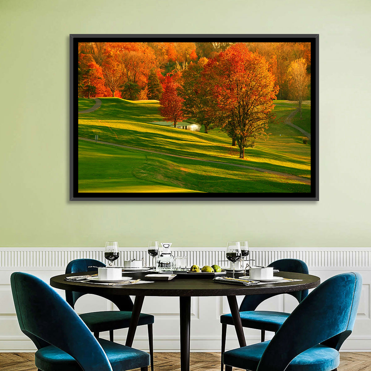 Golden Hour Golf Course Wall Art in a room, landscape