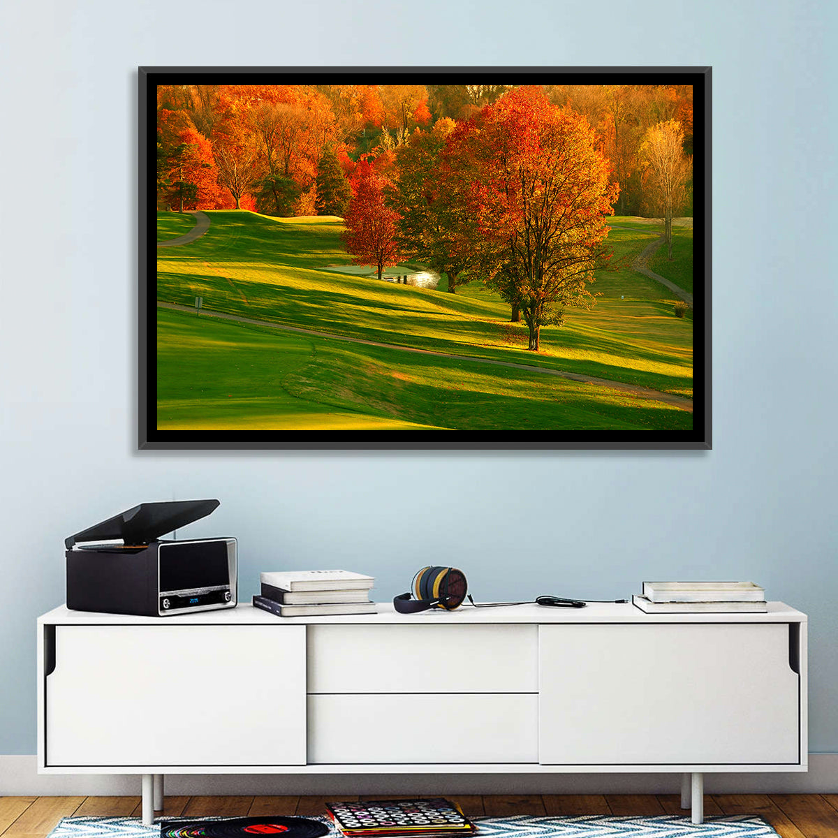 Golden Hour Golf Course Wall Art in a room, landscape