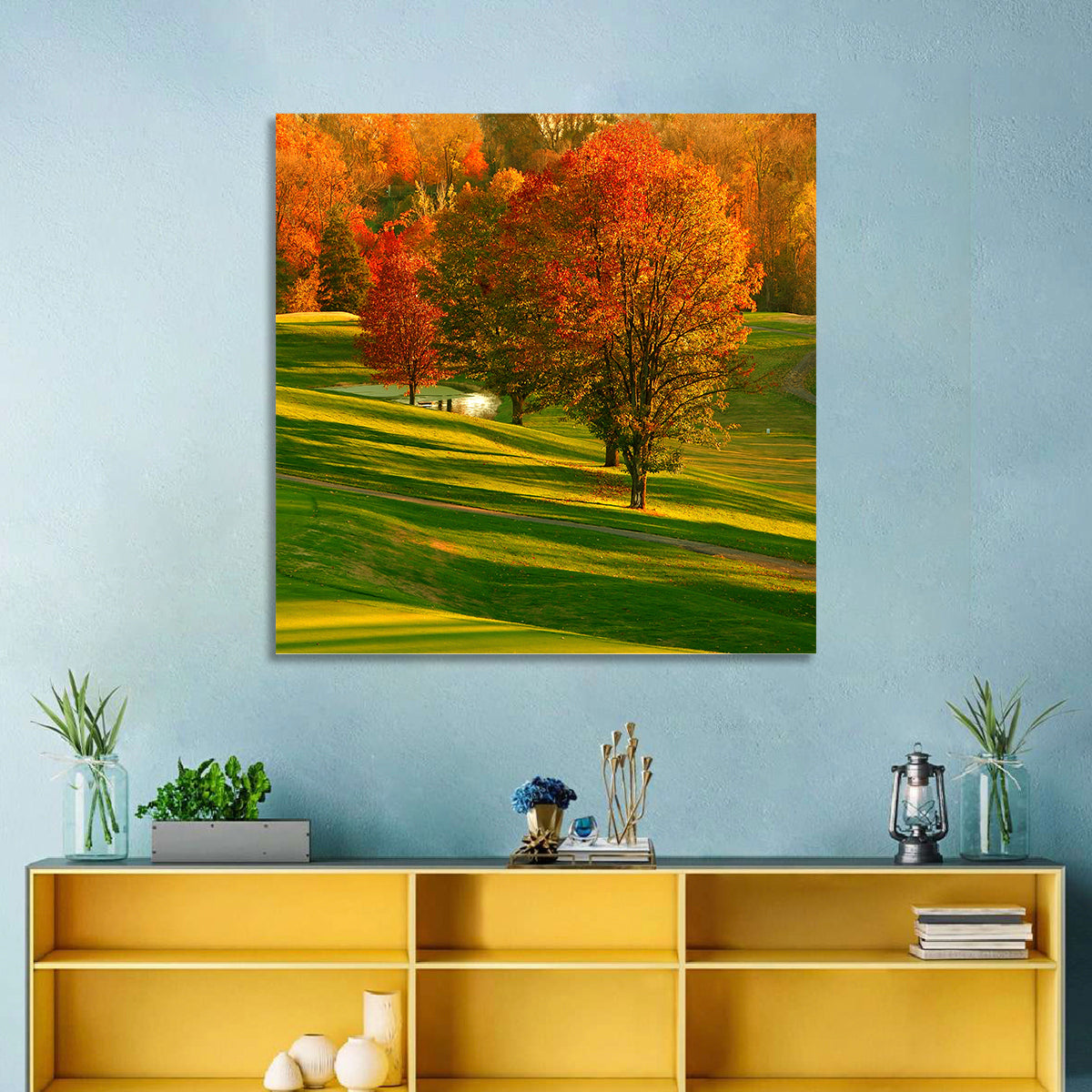 Golden Hour Golf Course Wall Art in a room, landscape