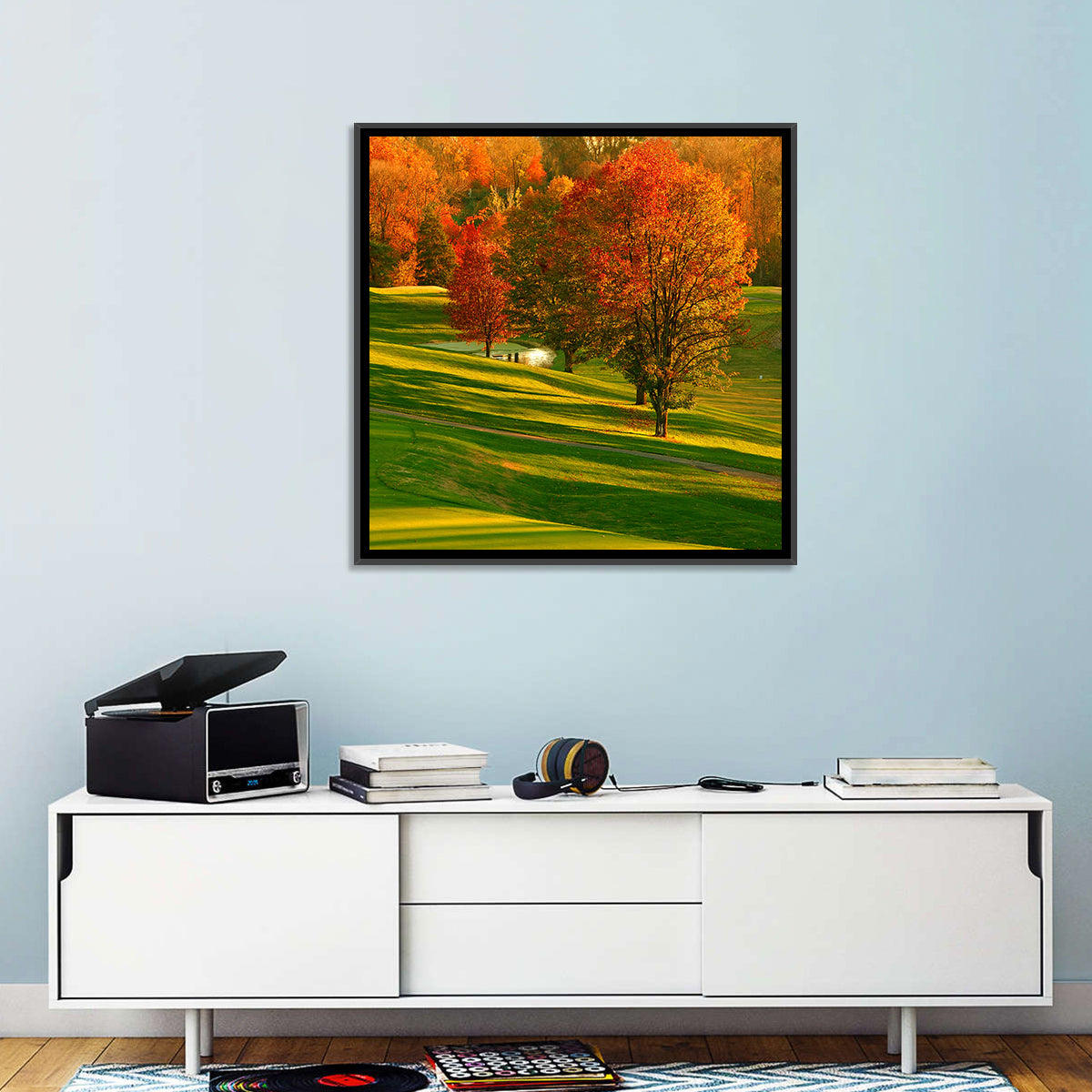 Golden Hour Golf Course Wall Art in a room, landscape