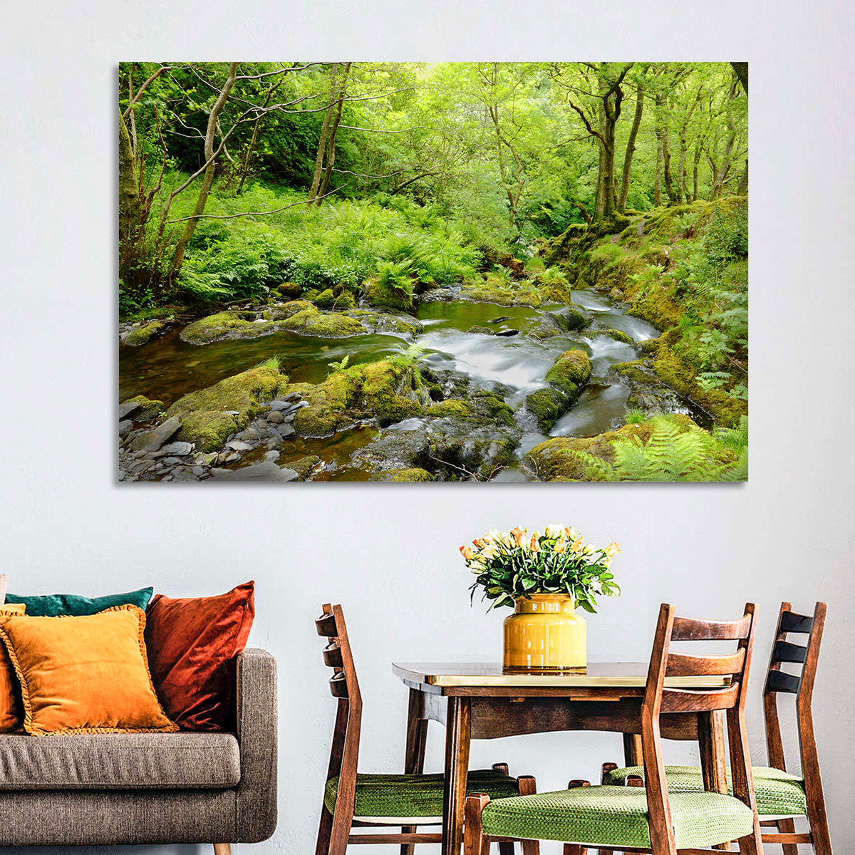 Mossy Stream Through Forest Wall Art in a room, landscape
