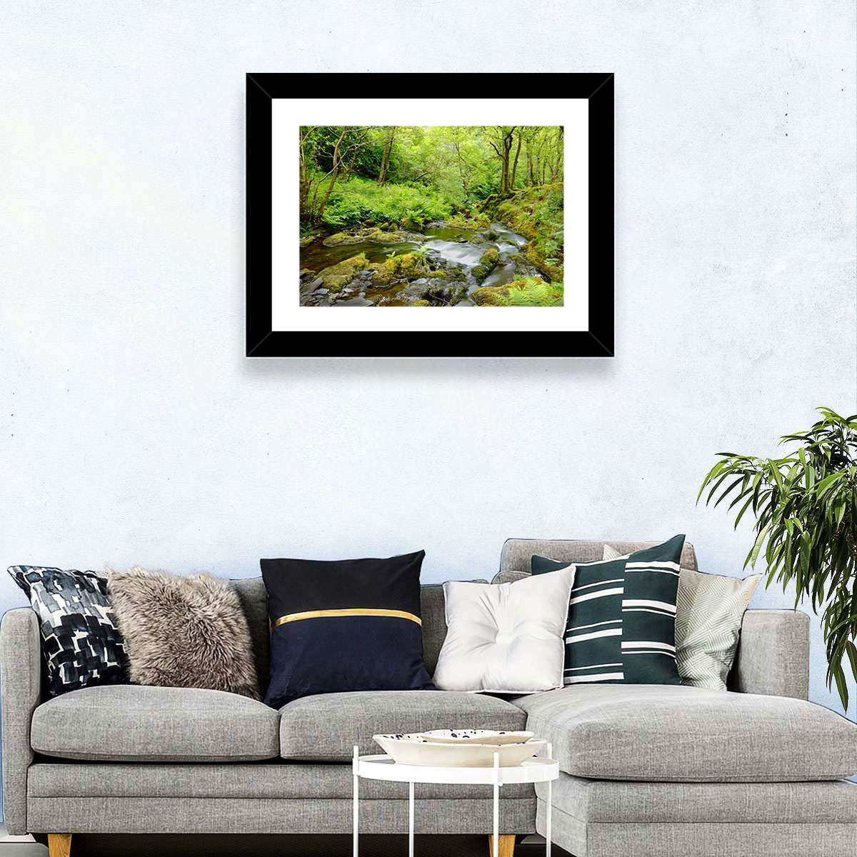 Mossy Stream Through Forest Wall Art in a room, landscape