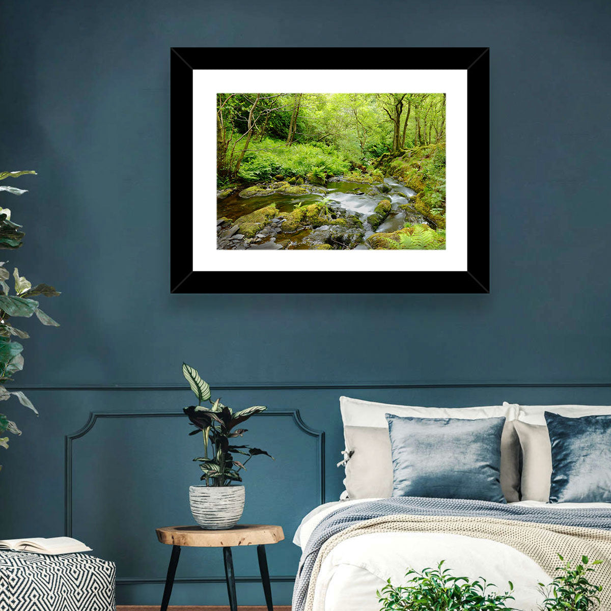 Mossy Stream Through Forest Wall Art in a room, landscape