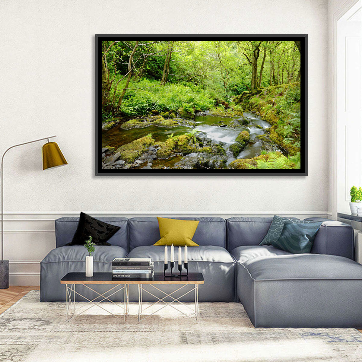 Mossy Stream Through Forest Wall Art in a room, landscape