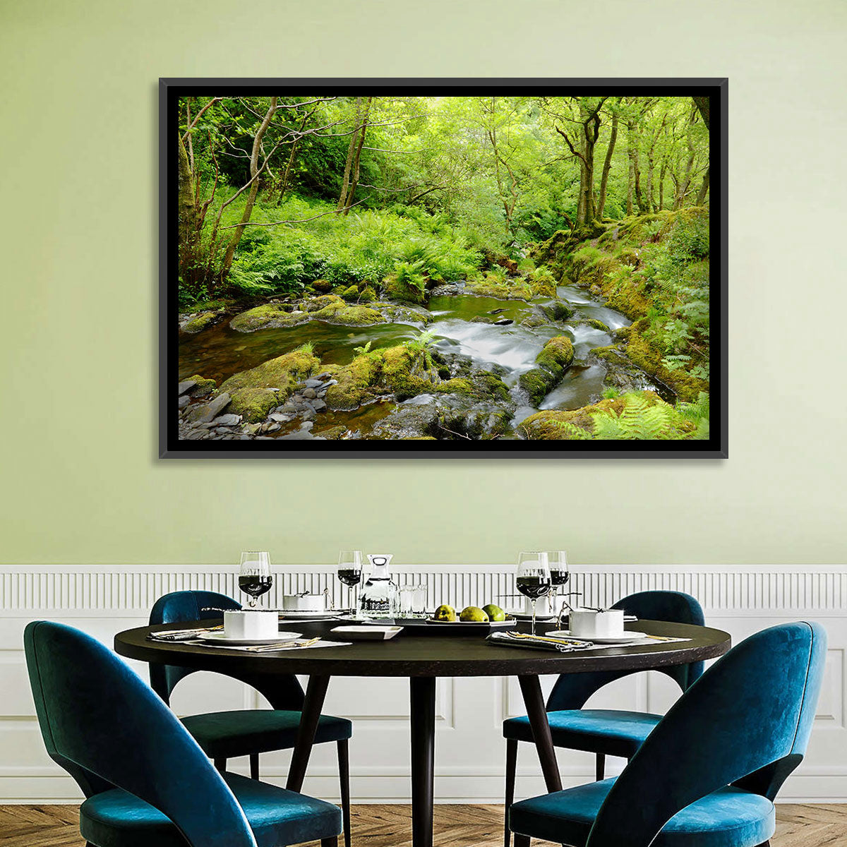 Mossy Stream Through Forest Wall Art in a room, landscape