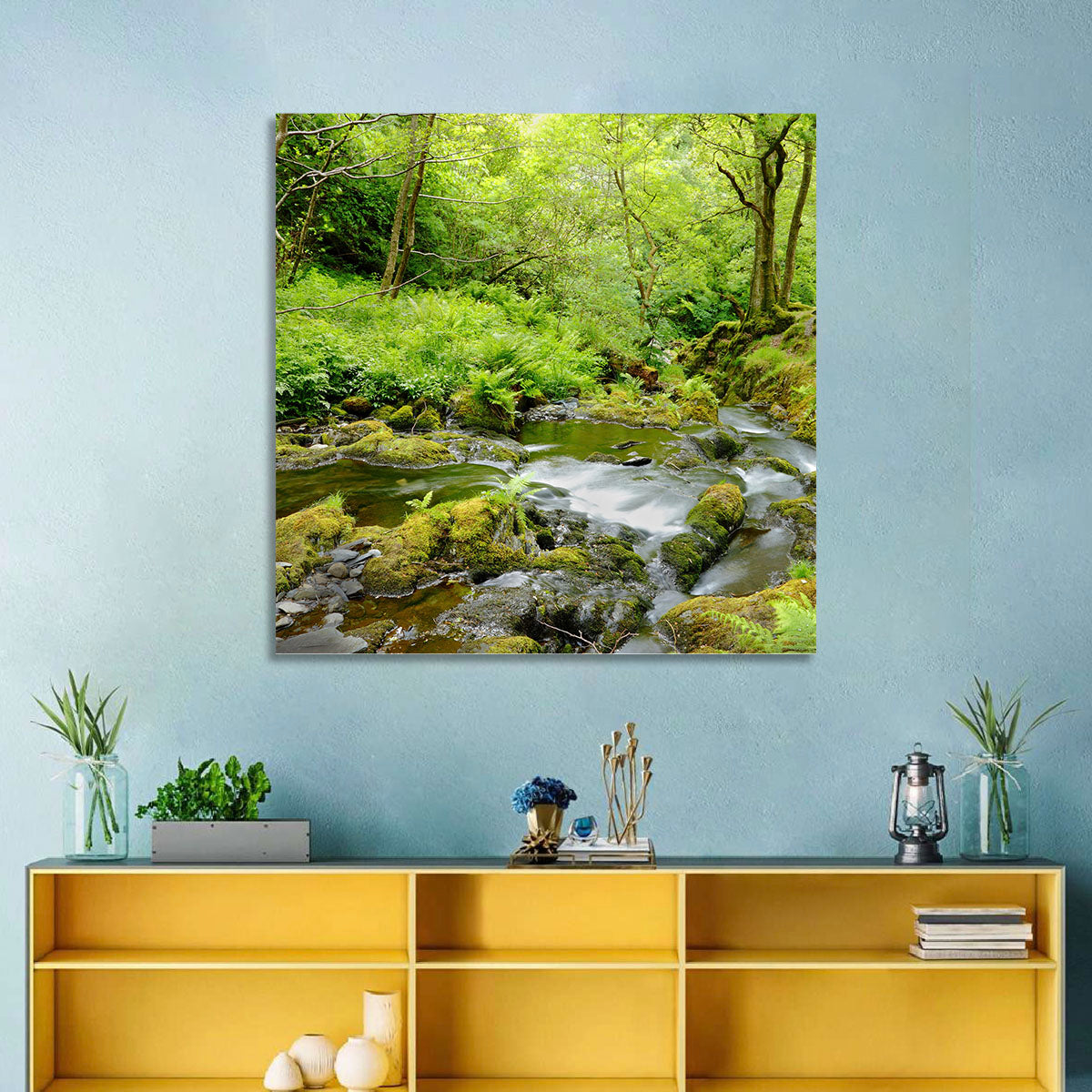 Mossy Stream Through Forest Wall Art in a room, landscape