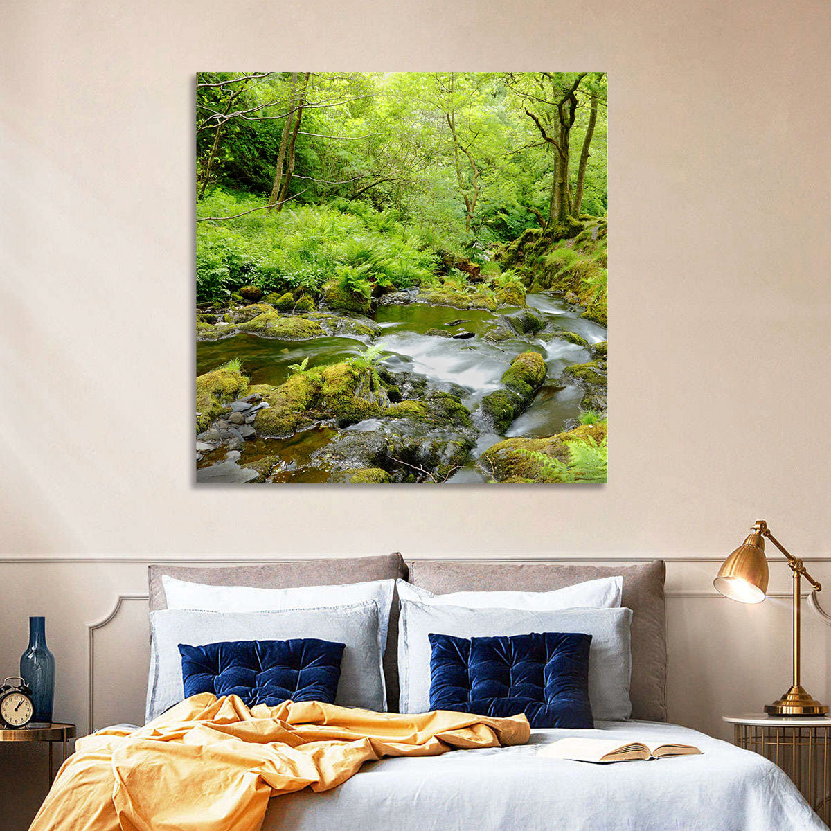Mossy Stream Through Forest Wall Art in a room, landscape