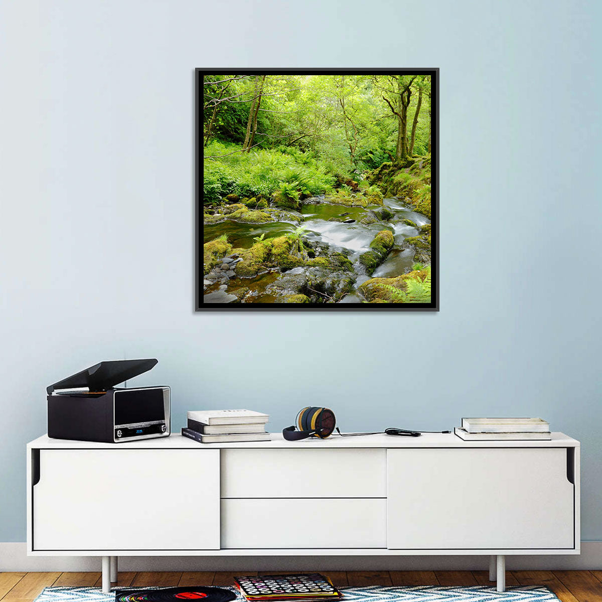 Mossy Stream Through Forest Wall Art in a room, landscape