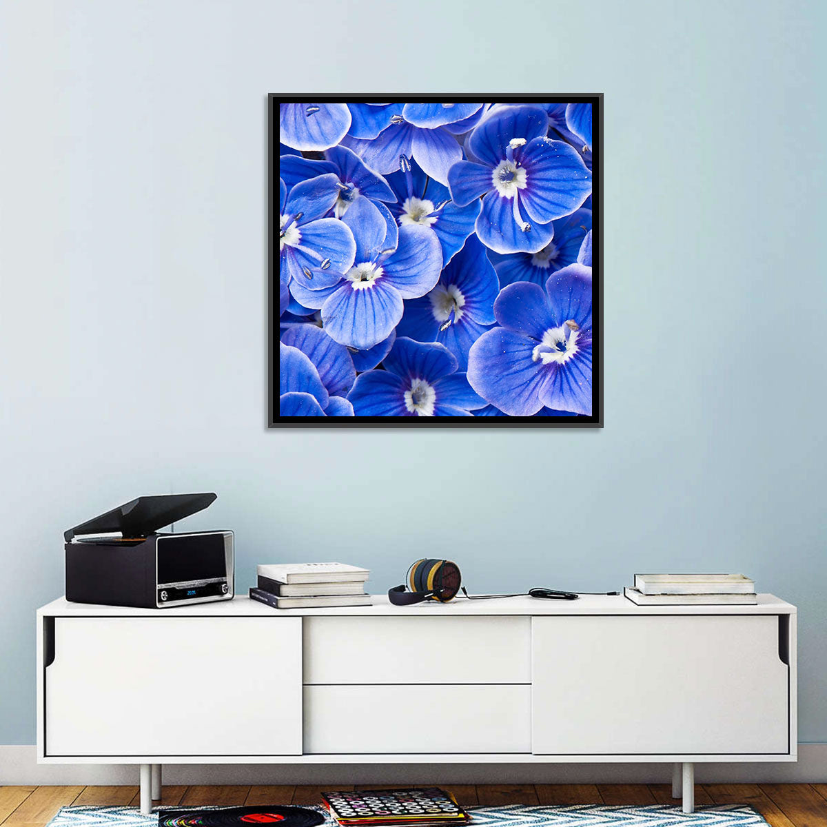 Blue Wildflower Close-up Wall Art in a room, landscape