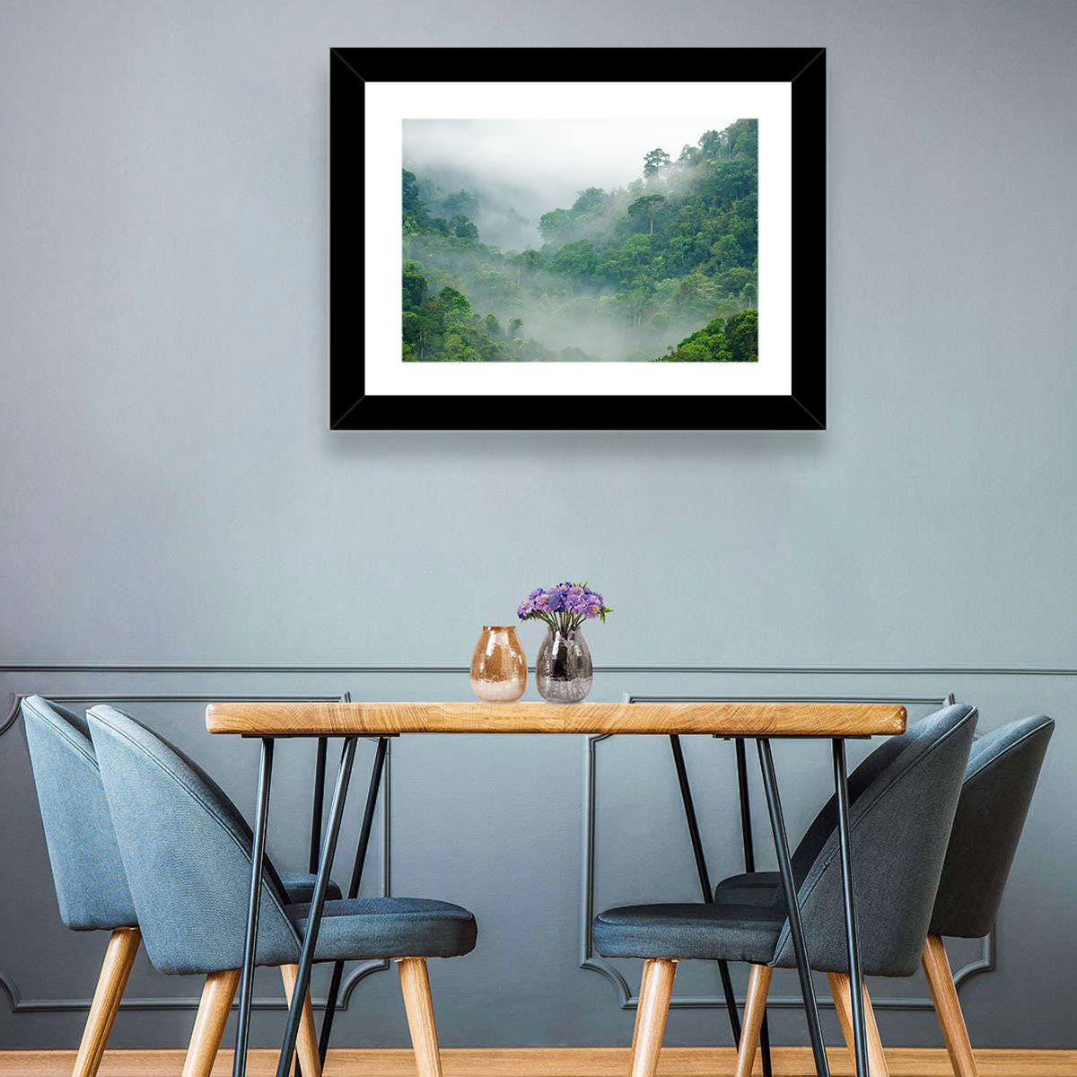Misty Rainforest Morning Wall Art in a room, landscape