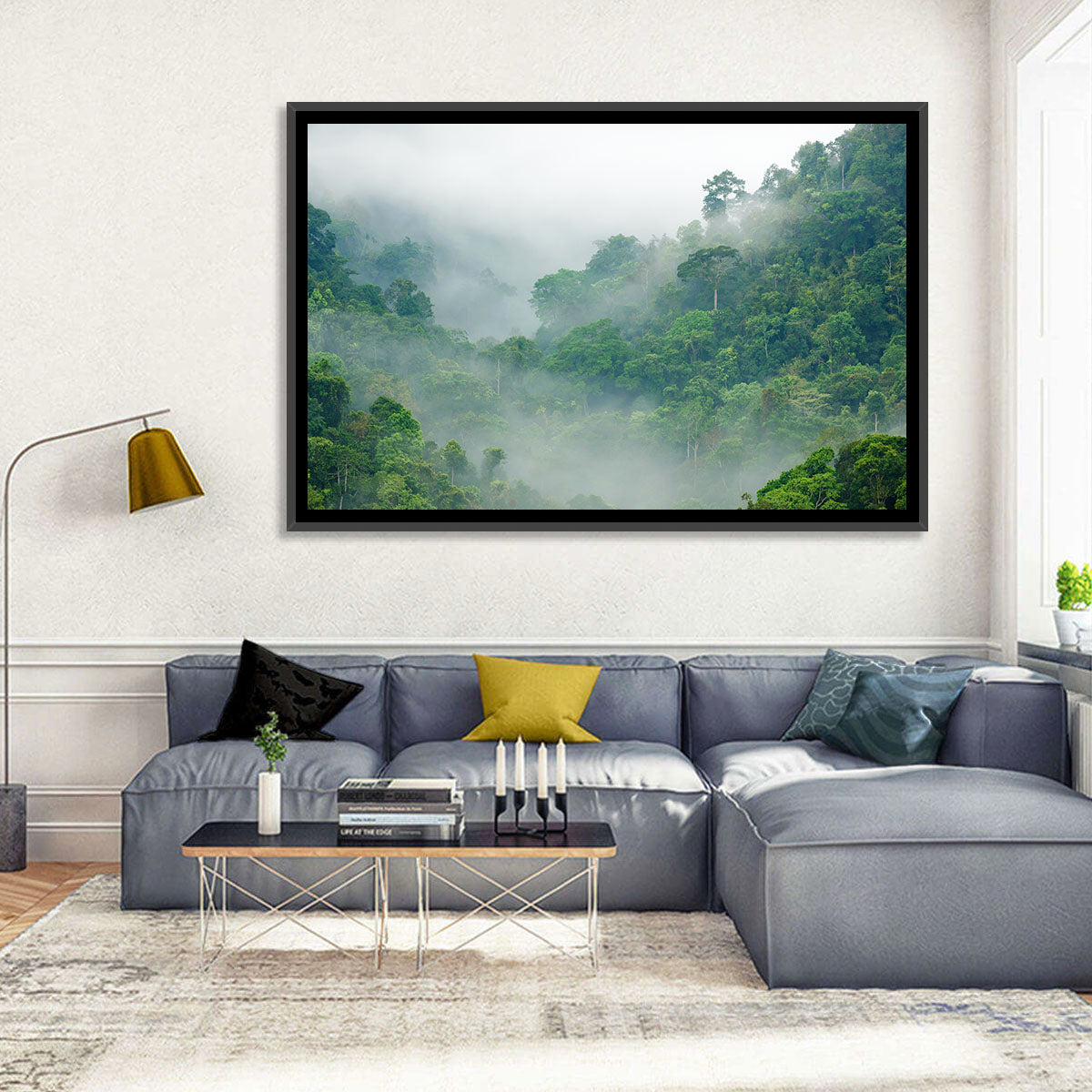 Misty Rainforest Morning Wall Art in a room, landscape