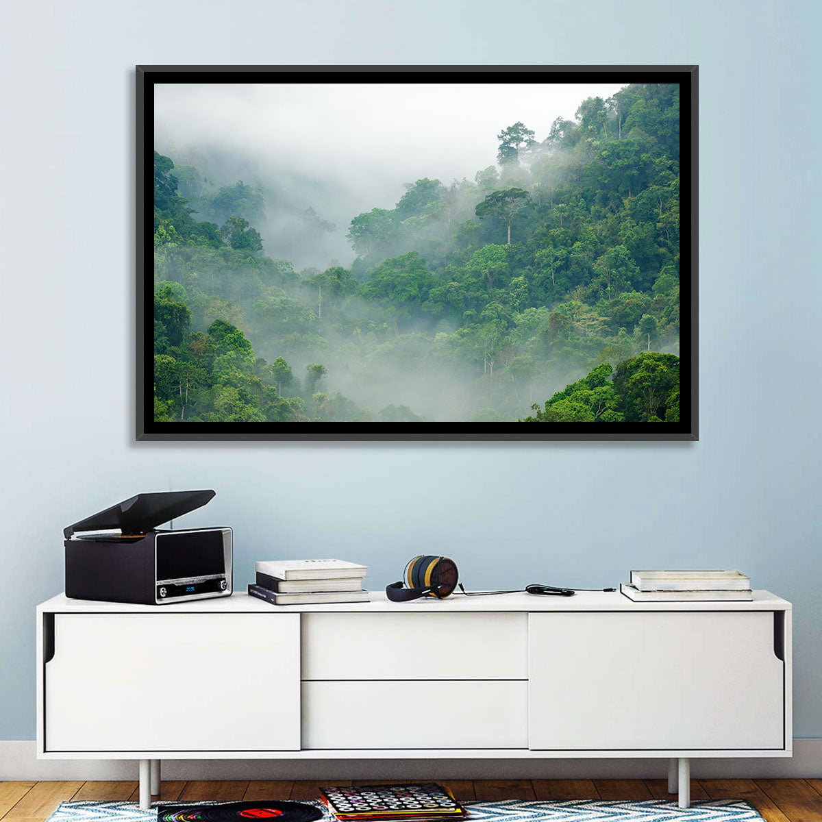 Misty Rainforest Morning Wall Art in a room, landscape
