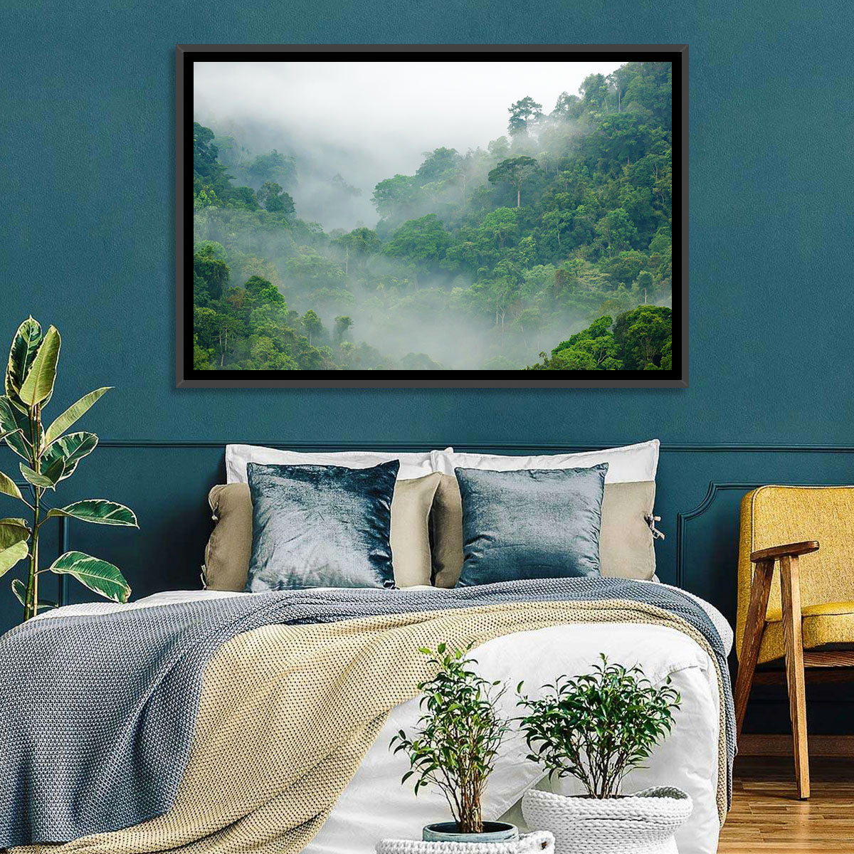 Misty Rainforest Morning Wall Art in a room, landscape
