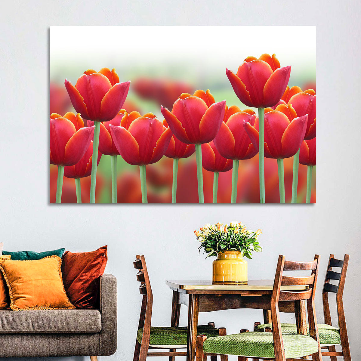 Red Tulips with Yellow Tips Wall Art in a room, landscape