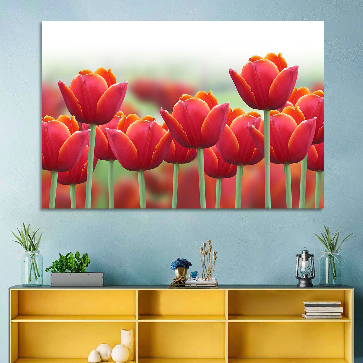 Red Tulips with Yellow Tips Wall Art in a room, landscape