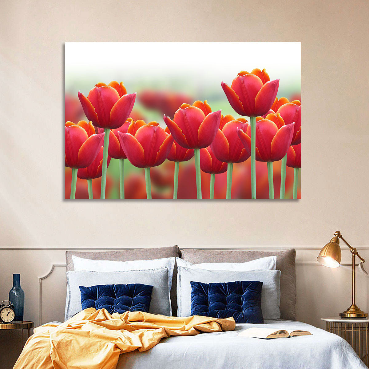 Red Tulips with Yellow Tips Wall Art in a room, landscape