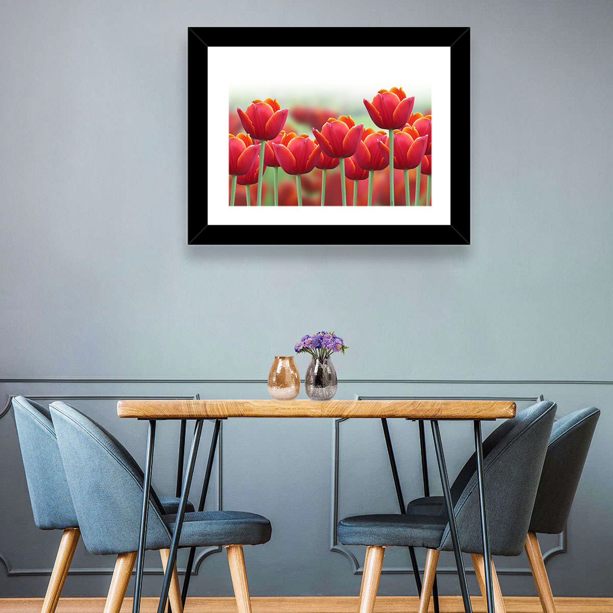 Red Tulips with Yellow Tips Wall Art in a room, landscape
