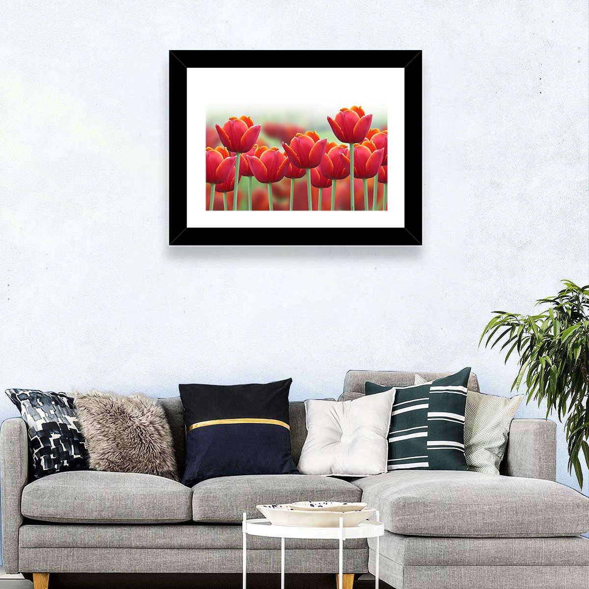 Red Tulips with Yellow Tips Wall Art in a room, landscape