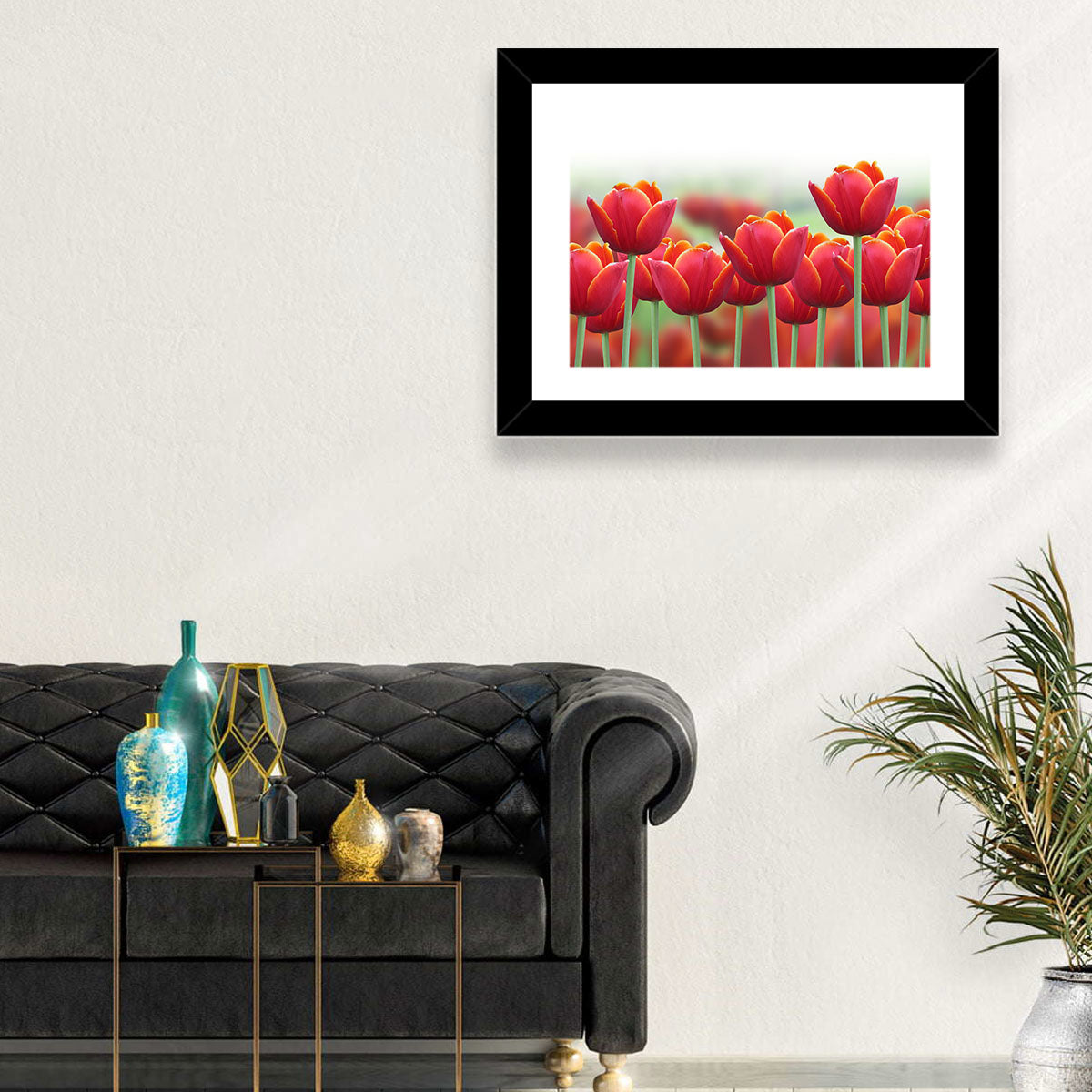 Red Tulips with Yellow Tips Wall Art in a room, landscape