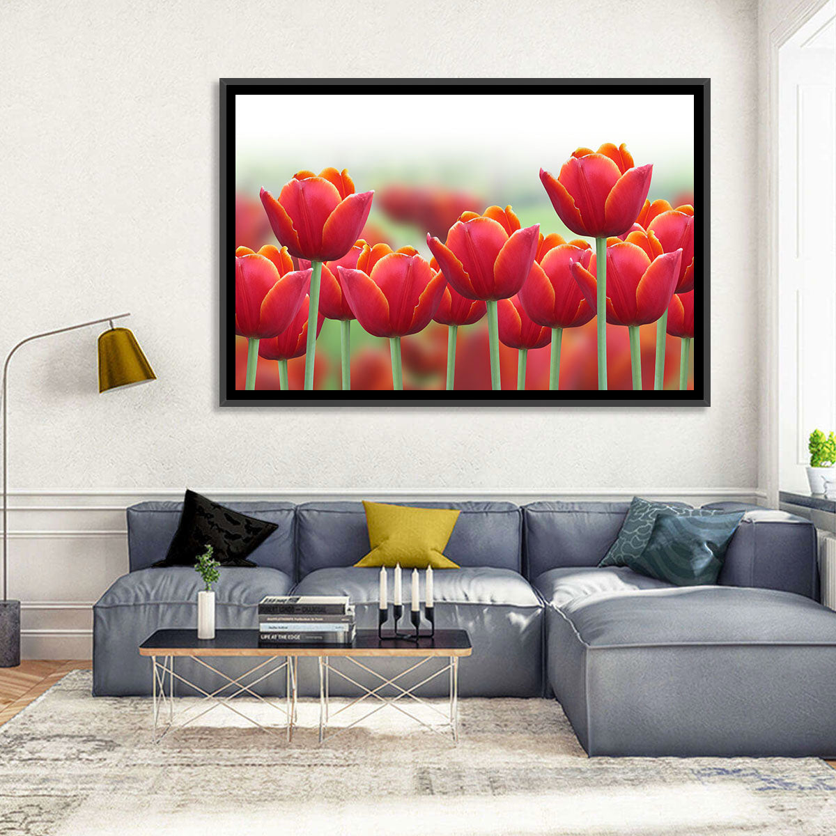 Red Tulips with Yellow Tips Wall Art in a room, landscape